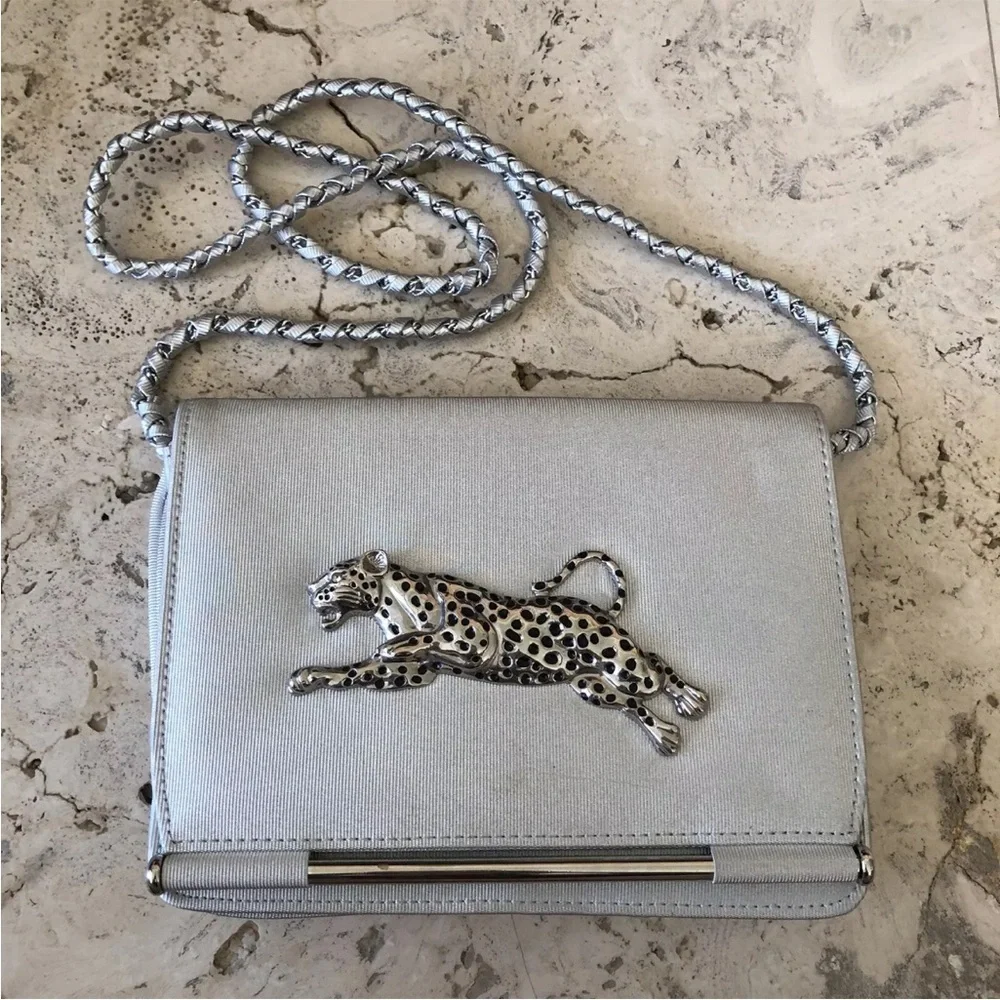 Nima Metal Cheetah Bag Silver Metallic Black Purse Cross Body Vintage 80s